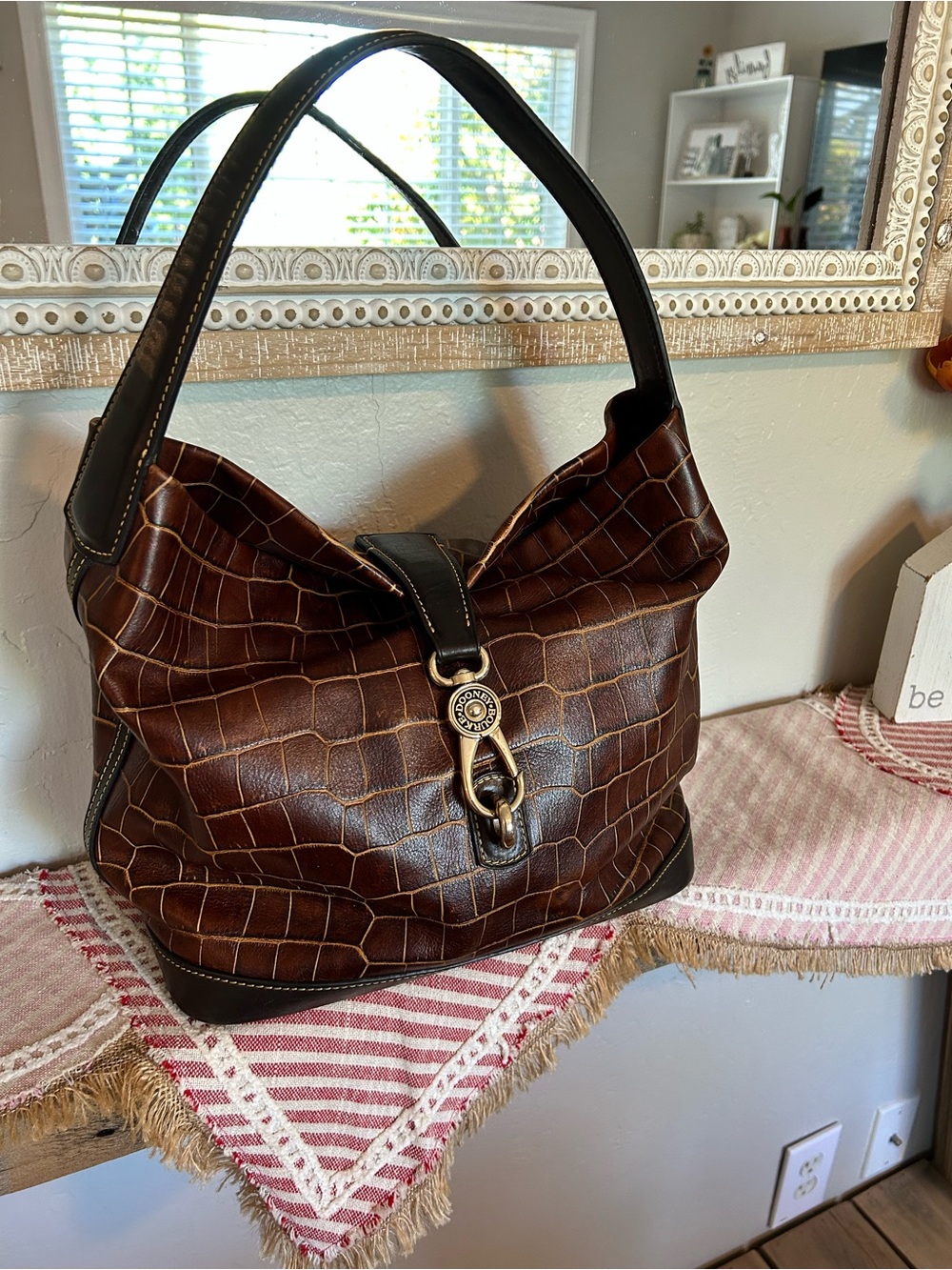 Dooney & Bourke Brown Croco-Embossed Leather Logo Lock Hobo Bag with dusty